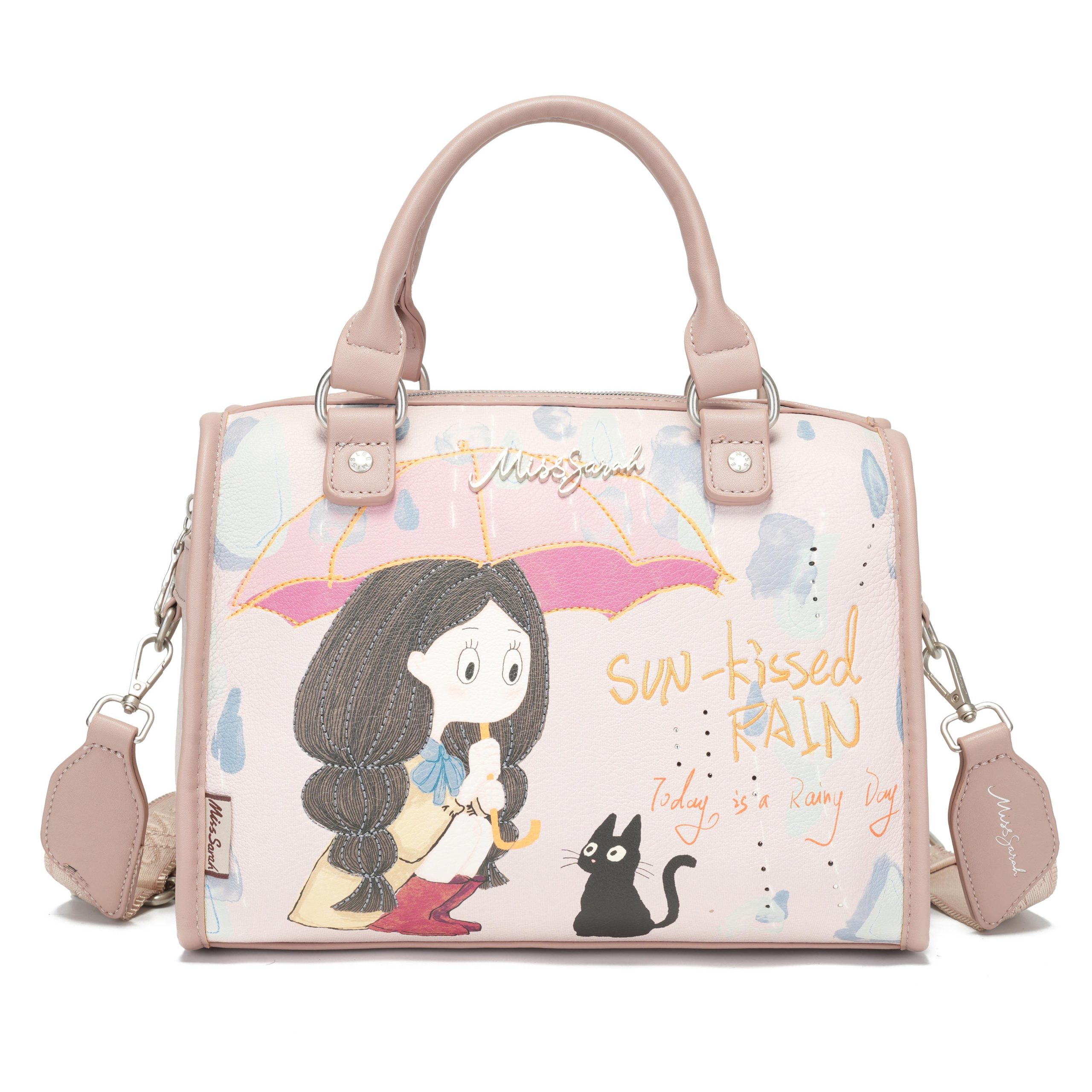 Bolso MissSarah Estilo Tote Con Diseño Chica y Gato, Super Amplia Con Divisiones y Correa Ajustable