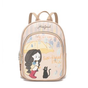 Mochila MissSarah Con Diseño De Chica y Gato, Con Correa Ajustable.