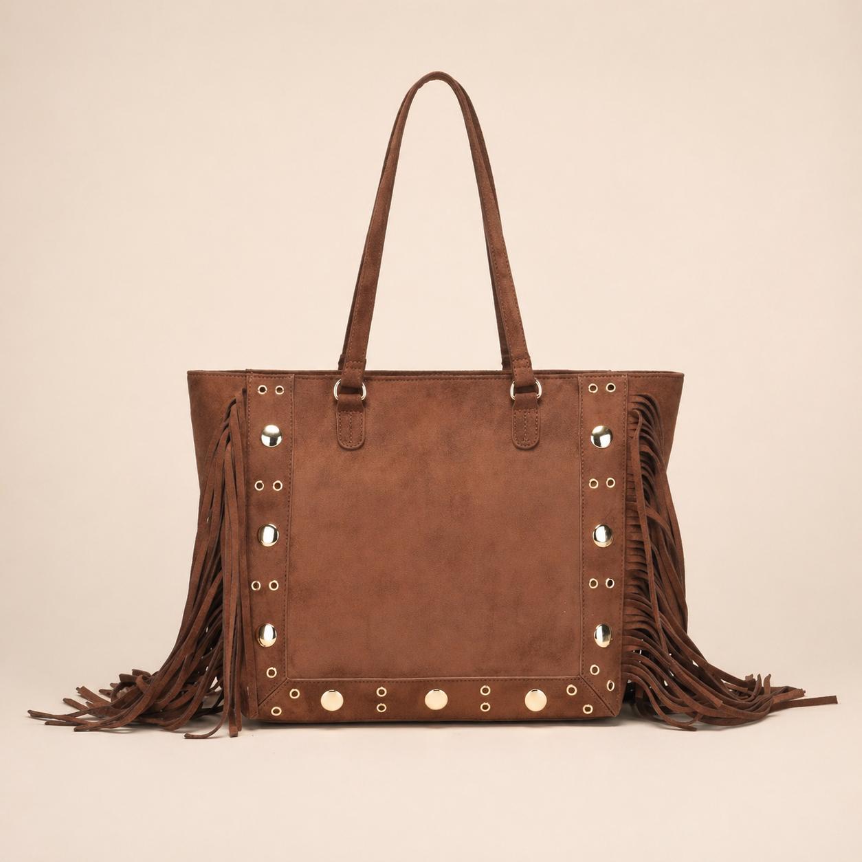 DEYCE Bolsa Tote Mujer Grande con Flecos y Tachuelas Doradas, Bolso de Hombro Suave, Gran Capacidad, Estilo Boho Casual para Diario y Oficina