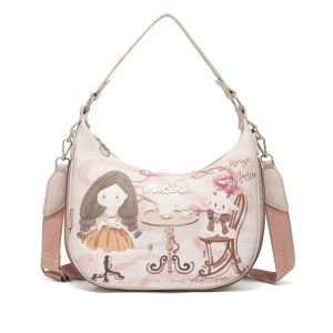 Bolso de mano tipo bandolera, doble correa para el hombro, se puede llevar al hombro o cruzado, gran capacidad, panel trasero bicolor, con compartimentos internos, diseño original, "Fiesta del té con ovejitas", MissSarah, MissBag