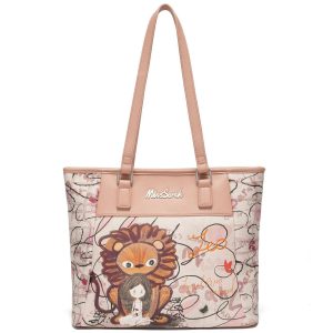 MissBag Bolsa para Mujer MissSerah Estilo Tote con Estampado de Niña y León, Bolsa de Hombro Rosa Amplia, Casual y Moderna para Uso Diario, Trabajo, Escuela, Compras y Viajes